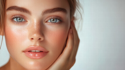 Fototapeta premium A beautiful woman with clean, fresh skin touching her face on a white background
