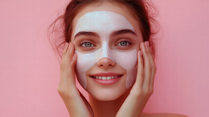 A young woman applying a sheet mask to her face on a pink background, a beauty and skin care concept