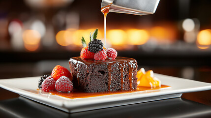 Indulge in rich chocolate dessert topped with fresh berries and caramel sauce, perfect for any sweet tooth craving