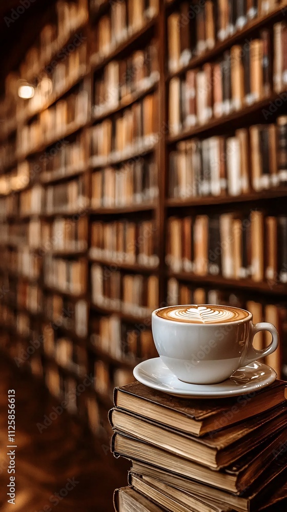 Poster a peaceful library corner with coffee a stack of books and calm lofi beats stock photo with side cop