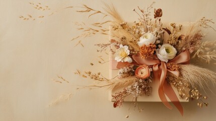 Gift box with ribbon and dry grass and flowers on beige background flat lay, top view, copy space