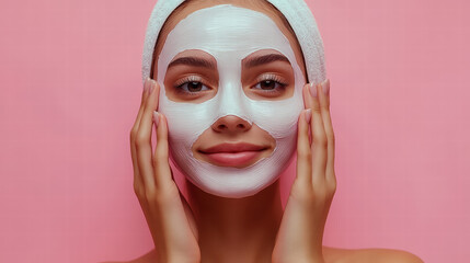 A young woman applying a sheet mask to her face on a pink background, a beauty and skin care concept