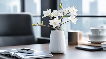 modern flower vase with white flowers, blending technology and elegance in stylish office setting. Perfect for enhancing workspace aesthetics