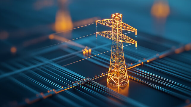 Futuristic electric grid power tower illustration with glowing lines and connections, showcasing advanced technology and energy distribution