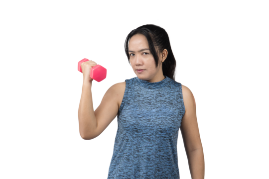 Asian woman holding dumbbell for exercise for health Isolated on transparent background