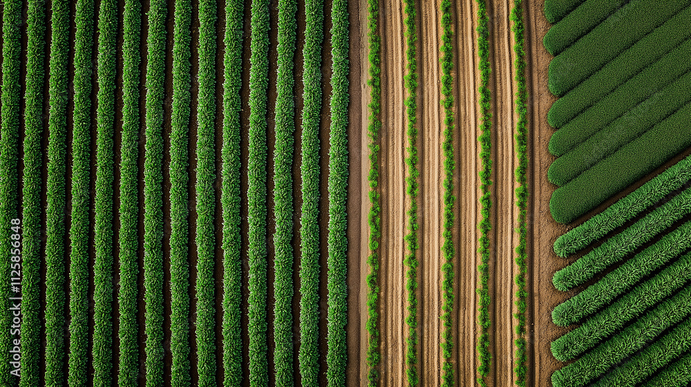 Poster lush green fields with organized rows of crops showcase innovative agricultural practices. vibrant p