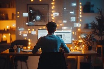 A business owner managing their online marketing campaigns from a home office, surrounded by digital tools like email templates, social media scheduling apps, and data analytics dashboards.