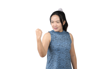 woman striking a pose to show off her arm muscles Isolated on transparent background