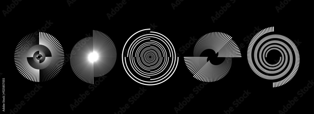 Poster White radial spiral pattern set. Circular rotating speed line form collection. Spinning circle sound wave concept. Abstract sunburst ray or beam element pack for icon, badge, logo, tag, label. Vector