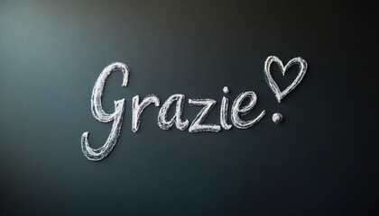 Chalkboard style thank you "Grazie!" text with heart symbol on dark background