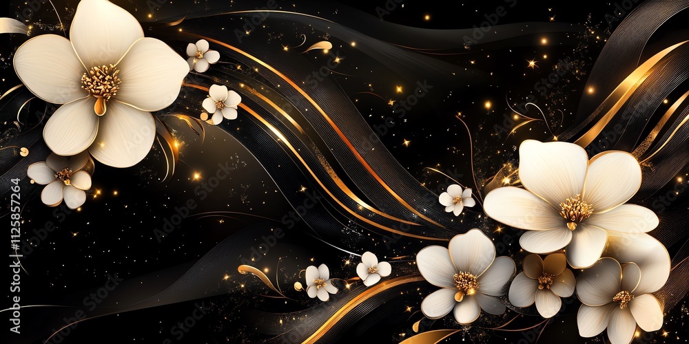 Poster elegant floral design with flowing ribbons and soft colors on a dark background.