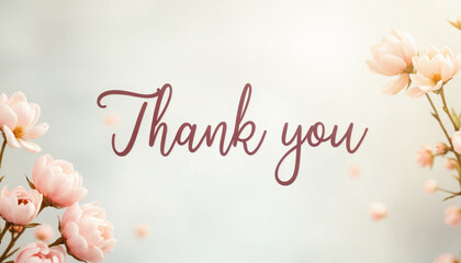 Elegant thank you text surrounded by soft pink flowers on light background