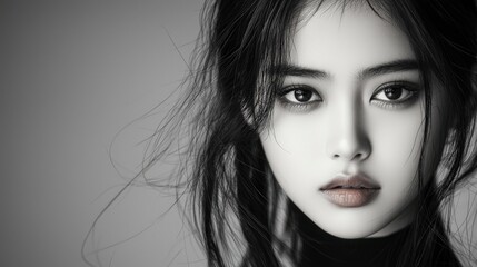 Fototapeta premium Moody cinematic portrait of an Asian teenage girl in black and white, close-up with a textured studio backdrop, 