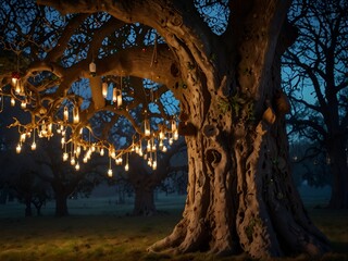 Obraz premium An ancient oak tree decorated with handmade ornaments and flickering candles