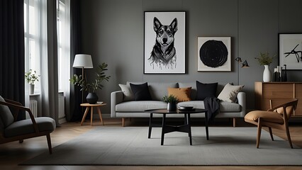 Stylish and scandinavian living room interior of modern apartment with gray sofa, design wooden commode, black table, lamp, abstrac paintings on the wall. Beautiful dog lying on the couch. Home decor.
