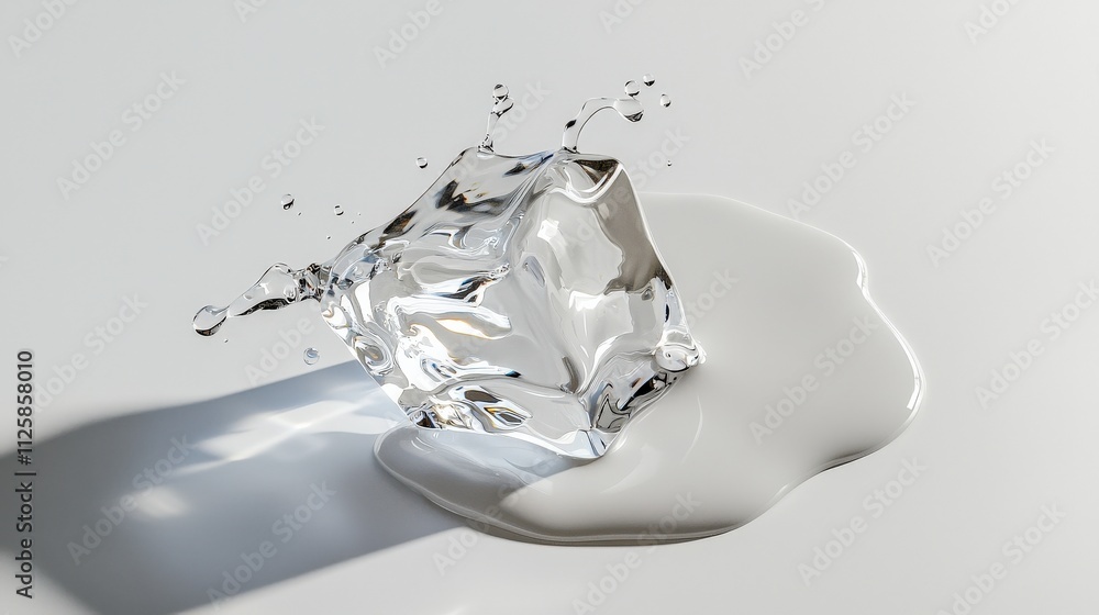 Poster a single ice cube melting on a clean white surface.