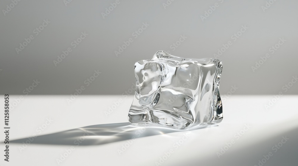 Poster a single ice cube melting on a clean white surface.