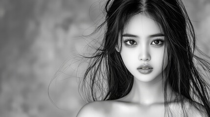 Naklejka premium Professional black and white portrait of a teenage Asian model, close-up with long black hair and studio lighting, moody shadows, highly detailed, 