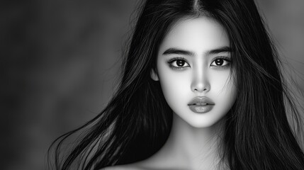 Naklejka premium Professional black and white portrait of a teenage Asian model, close-up with long black hair and studio lighting, moody shadows, highly detailed, 