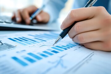 A businessperson analyzing performance data on a computer screen, reviewing the 2025 KPI plan, and tracking monthly progress for revenue, efficiency, and customer acquisition.