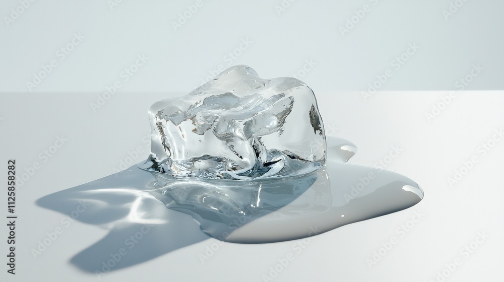 Poster a single ice cube melting on a clean white surface.