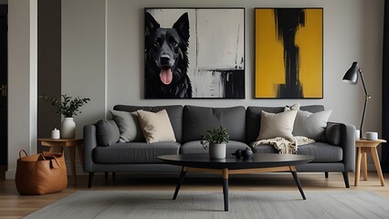 Stylish and scandinavian living room interior of modern apartment with gray sofa, design wooden commode, black table, lamp, abstrac paintings on the wall. Beautiful dog lying on the couch. Home decor.