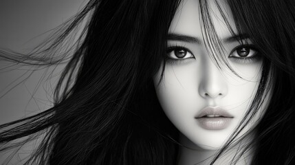 Fototapeta premium Stunning cinematic black and white image of an Asian model, long black hair with soft studio lighting, highly detailed, 