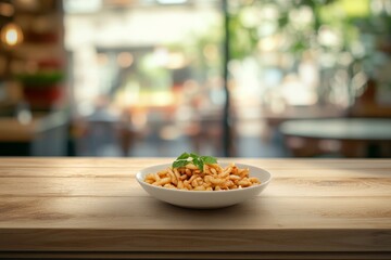 Pasta dish in a white bowl on a wooden table in a cafe.