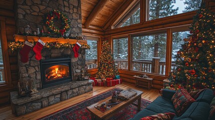 Cozy Christmas cabin interior with fireplace, decorated trees, and gifts.