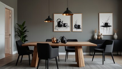 Stylish dining room interior with design wooden family table, black chairs, teapot with mug, mock up art paintings on the wall and elegant accessories
