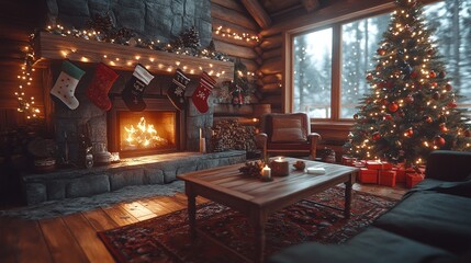 Cozy Christmas cabin interior with fireplace, tree, and stockings. (1)