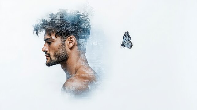 Dreamlike double exposure portrait of a man merging with a hovering butterfly, surreal elegance, highly detailed and ultra-realistic, photo-realistic artistry, 