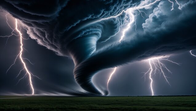 Um tornado poderoso gira sob um c&eacute;u noturno carregado de raios, com flashes de eletricidade real&ccedil;ando a tempestade e criando um contraste dram&aacute;tico com as nuvens escuras e amea&ccedil;adoras