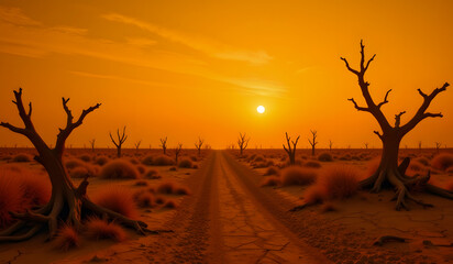 A barren desert landscape at sunset, with twisted, dry trees, cracked earth, golden light, and distant shadows, evoking a haunting, surreal, and lifeless atmosphere.
