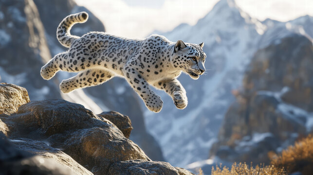 The snow leopard jumps on the rocks Generative AI