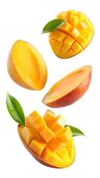 flying mango fruit and half slices isolated on transparent white background, clipping path