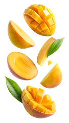Fototapeta premium flying mango fruit and half slices isolated on transparent white background, clipping path