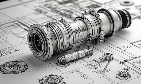 The image showcases a detailed technical illustration of a turbine engine, emphasizing its components and engineering design.