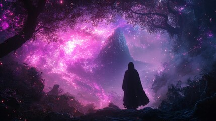 Mystical silhouette figure standing in a forest before a celestial portal. A digital art, fantasy world background, with a futuristic and magical, concept.