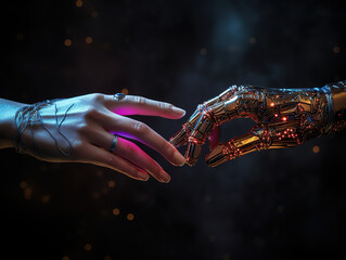 Outstanding Business handshake of human and robot. Collaboration of artificial intelligence and man