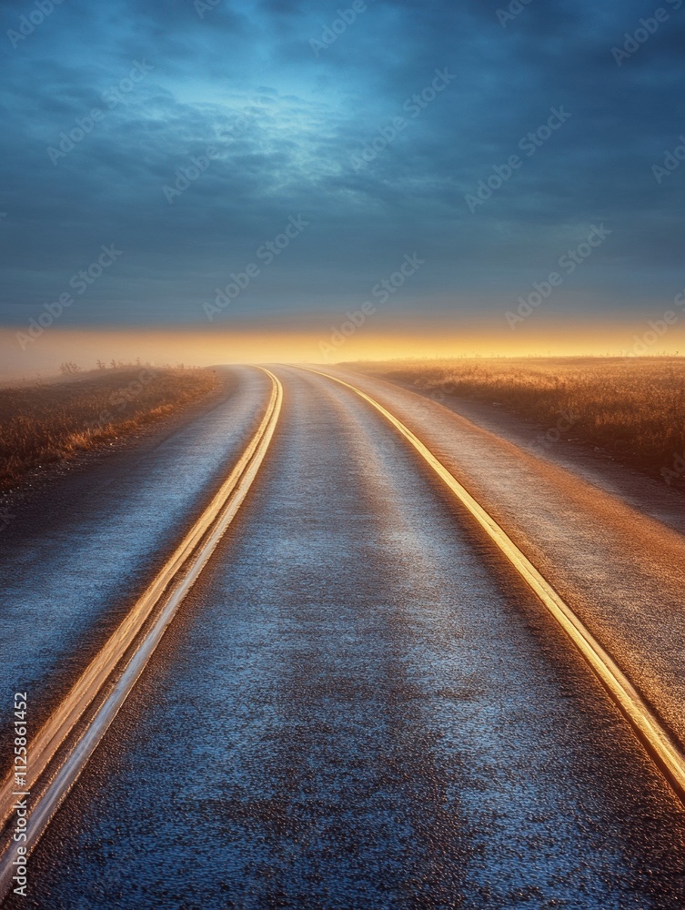 Leinwandbilder A curved running track leads into the distance, illuminated by golden light beneath a twilight sky, providing a sense of open space and tranquility. Generative AI