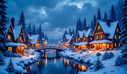 Naklejka premium A picturesque snowy village with glowing wooden houses, a tranquil stream, a charming bridge, and towering pine trees under a moody evening sky.