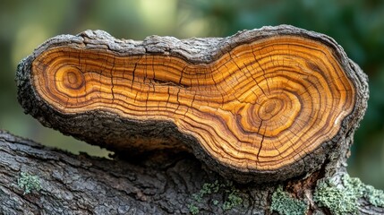 Cross-section of a tree branch revealing intricate growth rings.