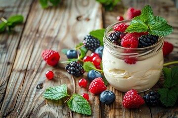 Fresh jarred yogurt with vibrant mixed berries and mint leaves on a rustic wooden table. Healthy and delicious dessert or breakfast option.