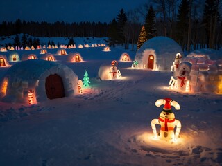 An igloo village decorated with colorful lights and candy canes