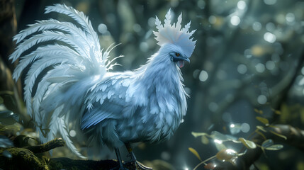 a white rooster is standing on a branch in the woods