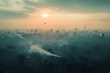 Fototapeta premium A city covered in smog, with factories releasing thick pollution into the air, while the sun is obscured by haze, highlighting the link between industrialization and climate change.