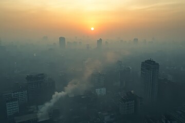 Fototapeta premium A city covered in smog, with factories releasing thick pollution into the air, while the sun is obscured by haze, highlighting the link between industrialization and climate change.
