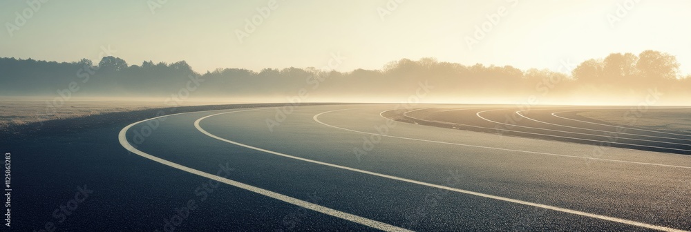 Poster a wide curved running track stretches into the distance, bathed in gentle morning light, creating an