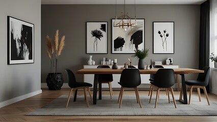 Stylish dining room interior with design wooden family table, black chairs, teapot with mug, mock up art paintings on the wall and elegant accessories ... 